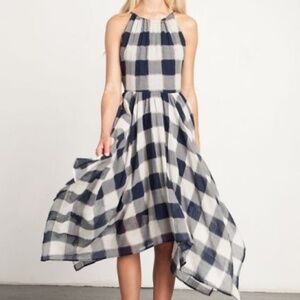 New Storee Plaid Navy/White Asymmetrical Sleeveless Halter Dress P4762